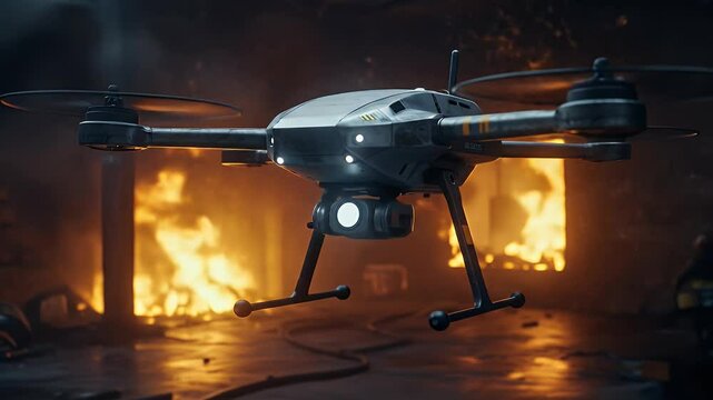 Drone hovers over fire in industrial setting