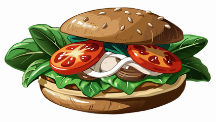 Thick grilled portobello mushroom cap with spinach, tomato, and vegan aioli on whole wheat bun, photographed in close-up against white background, spotlighting juicy texture and earthy flavors.