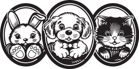 Cute black and white cartoon animal illustrations featuring a lion's face, a cat, and Easter eggs perfect for coloring book designs