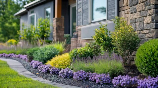A colorful garden with trimmed shrubs and flowers borders a stone house on a sunny day