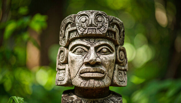 Olmec head. Stone sculpture. Ancient Mayan statue in jungle. Culture and history concept.