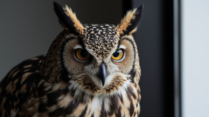 Obraz premium Great Horned Owl Posing in Minimal Home Setting Minimalist Style High Detail Stock Photo