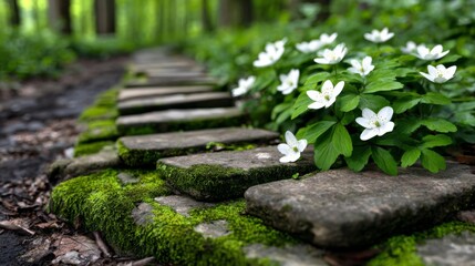 Moss-covered stone pathway in a lush green forest with white flowers along the side
