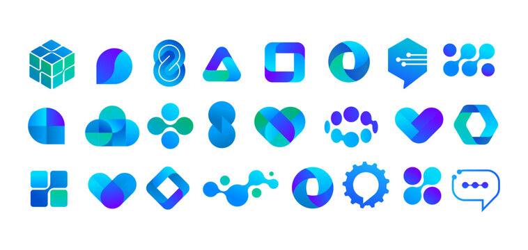 Collection of abstract tech logos. Cyber, communications, biotech and healthcare concept icon set.