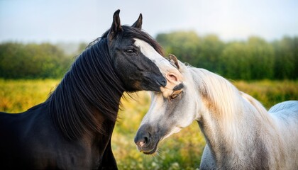 Fototapeta premium Two Majestic Horses Stunning White and Black Steeds in Harmony on a Farm Banner, Capturing the Spirit of Rural Love and Harmony at Sunset.