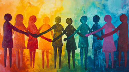 Artistic scene depicting unity among diverse social groups.