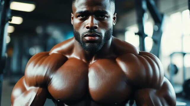 Fit African American man with large muscles in gym for weight training.
