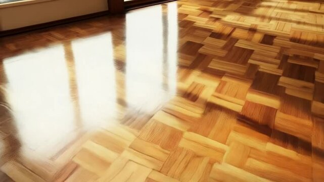 Parquet flooring with herringbone pattern and glossy finish in warm light conditions indoor background texture video