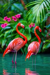 Vibrant Pink Flamingos Gracefully Standing in Tranquil Water Surrounded by Lush Greenery and Tropical Flowers Evoking a Serene Safari Experience