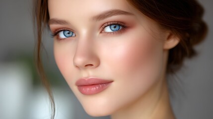 Obraz premium Portrait of Beautiful Young Woman with Blue Eyes and Soft Skin