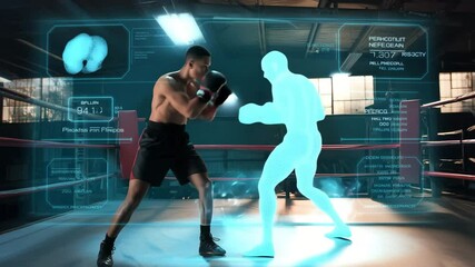 Human Boxer Sparring with AI Robot in Mixed Reality Training Ring Surrounded by Holographic Combat Data and Futuristic Interface - Powered by Adobe