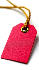 Close Up Bright Pink Rectangular Price Tag With Gold Cord On White Background