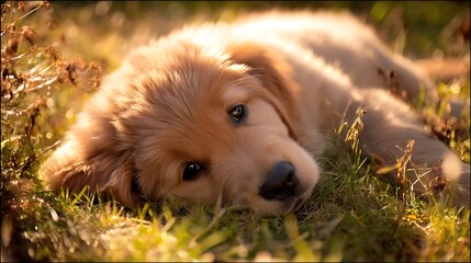 Golden Retriever puppy resting in grass, bathed in sunlight, representing Premium Pet Care, Brand Loyalty, and the Modern Family Lifestyle for High-End Pet Food and Veterinary Services.