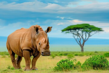 Majestic Rhinoceros Grazing in Lush Green Savanna Under Dramatic Cloudy Sky with Iconic Acacia Tree Symbolizing Wildlife Conservation and Natural Beauty