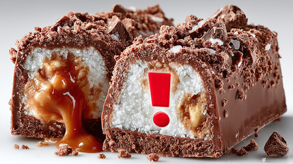 Chocolate candy bar cut in half showing gooey caramel core and coconut filling with crumbly chocolate topping, creating rich and indulgent dessert experience