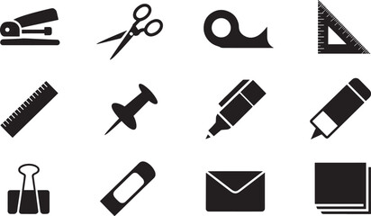 Flat Vector Icons Set Stationery and Office Supplies on  Background for School and Business