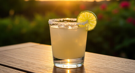 Sunset cocktail on wooden table