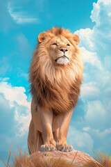 Majestic Lion Standing Proudly on Rock Outcrop Against Bright Blue Sky with Fluffy White Clouds Evoking Wild Safari Adventure and Natural Beauty