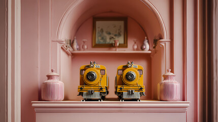 branding concept for boutique hotel | gentle absurdity | structured calm | dusty pink and mustard | stage-like layout | binoculars | vignette balance | flat lighting | vintage train journey | modern