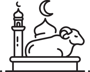 Minimalist outline icon for Eid al-Adha. Features a ram, mosque, crescent, and star, symbolizing Islamic celebration and sacrifice. Clean, versatile design.