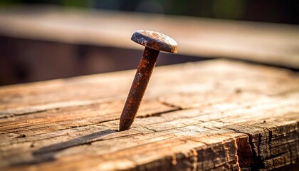 Rusty Nail Sticking out of a Weathered Wooden Plank in Late Afternoon Sunlight