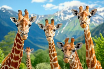 Majestic Giraffes Gracefully Standing Together in Lush Green Landscape with Breathtaking Mountain Backdrop Under Clear Blue Sky Wildlife Safari Adventure