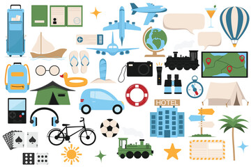 Tourism and travel icons set. Adventure journey tour vacation stickers set