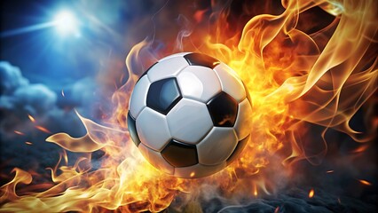 Fototapeta premium A soccer ball is engulfed in flames with a bright light shining in the background creating a dramatic and energetic scene