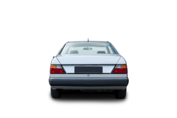Back view of a classic luxury silver sedan european car isolated on transparent background.