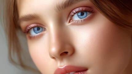 Close-up of Young Woman with Blue Eyes and Natural Makeup Look
