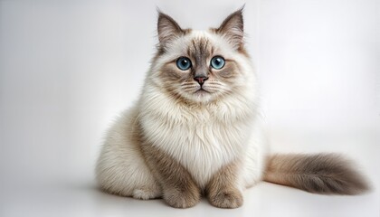 Serene Ragdoll Cat Gazing Intently on a Pure White Backdrop, Radiating Calm and Elegance with Soft Fur Textures and Vibrant Eyes.