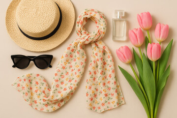 Spring fashion flat lay with straw hat, floral scarf, sunglasses, pink tulips, and perfume – feminine seasonal accessories on beige background
