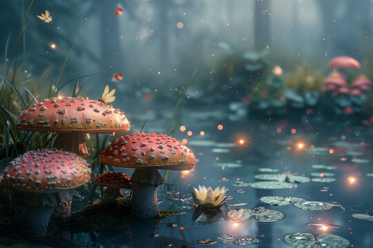 Enchanting fantasy garden with glowing dragonflies, giant mushrooms, water lilies, and dreamy sunlight in misty air.