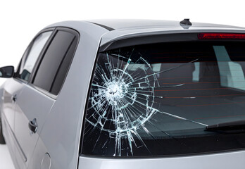 Close up of the rear view of a car window that was shattered after being hit, isolated on white background
