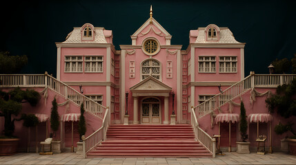 aesthetic reference for theater set | charming dysfunction | quirky elegance | desaturated vintage | stage-like layout | pink buildings | vignette balance | stylized realism | eccentric private