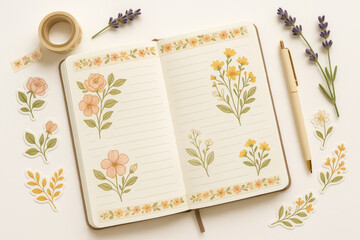 Floral bullet journal flat lay with flower stickers, washi tape, pen, and lavender – creative journaling and spring stationery concept