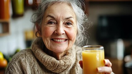 Happy senior woman drinks orange juice, healthy lifestyle, wellness concept - Powered by Adobe