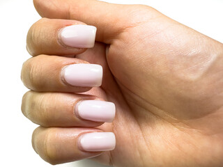 Manicure and Hands Spa. Manicured nails and Soft hands skin on white background. Copy space!