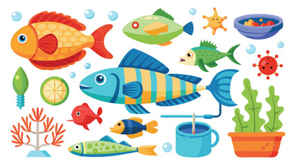 Fototapeta premium Colorful Cartoon Fish and Aquarium Objects on a White Background
