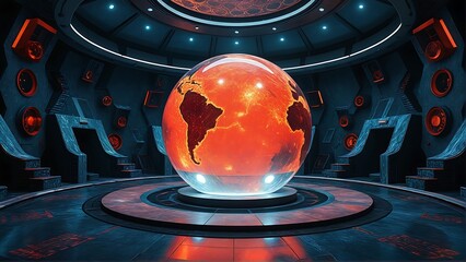 Futuristic control room with illuminated earth globe