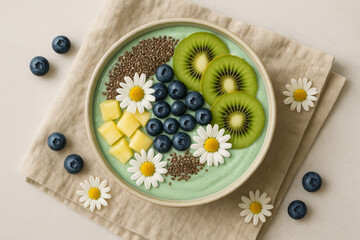 Healthy smoothie bowl with kiwi, blueberry, mango, chia seeds, and chamomile flowers – vibrant breakfast flat lay on linen napkin