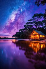 Serene Safari Lodge by Tranquil Water Under Starry Night Sky with Vibrant Milky Way and Reflective Surface Creating Magical Wilderness Experience