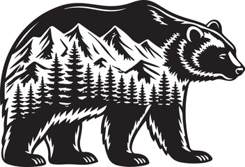Bear silhouette in forest with wild animal elements in black and white vector style