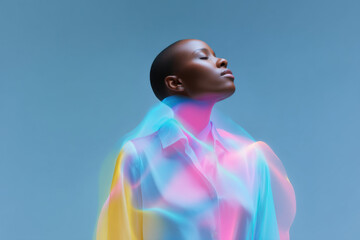 Model posing with holographic colorful shirt and futuristic style