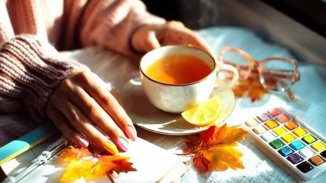 A cup of hot tea on an autumn day and the beautiful hands of a girl, next to objects for drawing. 