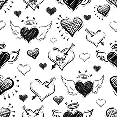 Hand Drawn Vector Creative Doodle Hearts Seamless Pattern Black and White Colors Repeatable Pattern. For decorative gift wrapping paper, Card or Banner Template or Fabric textile prints.