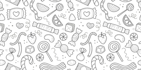 Hand drawn sweets and candies seamless pattern. White background with candies and lollipops, doodle sketch style. Sweet treat print, vector graphic