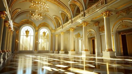 Ornate ballroom interior with golden accents, columns, architecture and light. - Powered by Adobe