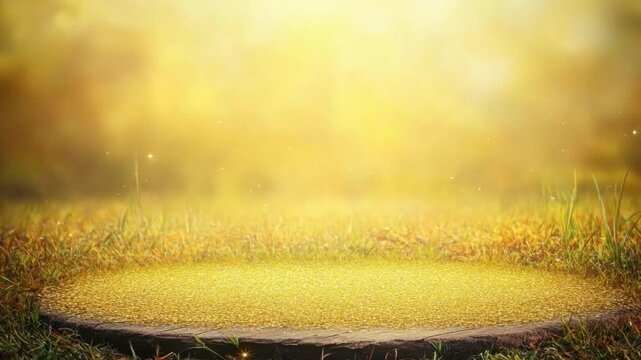 Golden Stage: A radiant, sun-kissed outdoor stage awaits, bathed in golden light, ready to showcase something extraordinary. Evoking feelings of anticipation and wonder.
