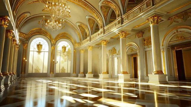 Ornate ballroom interior with golden accents, columns, architecture and light.